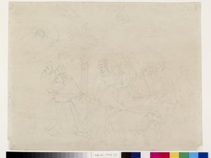 Bleistiftumriss eines Teils des Freskos Die Freunde Hiobs im Camposanto, Pisa, zugeschrieben Taddeo Gaddi, 14. - 16. Mai 1845